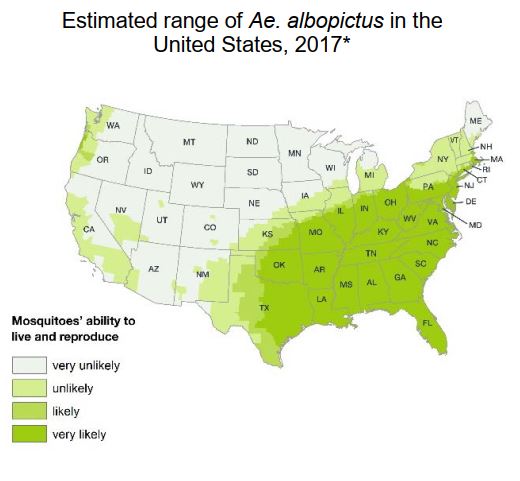 2017 map showing the range of the Aedes Albopictus mosquitoes in the United States.